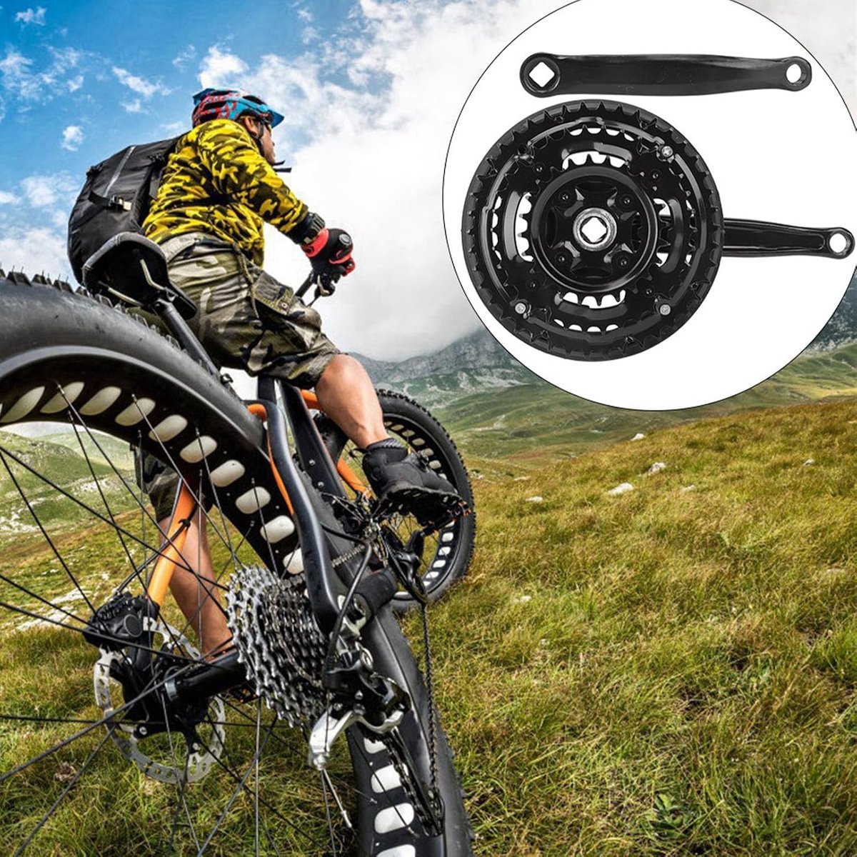 SnelShoppen - Fietskranset 42/34/24T Universele Carbon Staal Vierkante Gat Fietskranset Set met Kettingbescherming 170mm Arm Geschikt voor 21/24/27 Ve