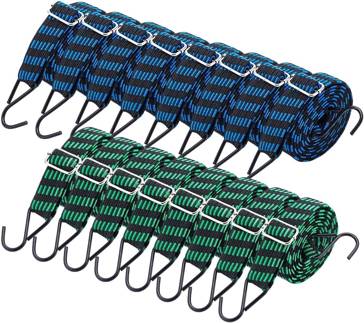 SnelShoppen - 16 Stuks Verstelbare Bungee Cords in 2 Kleuren - Elastische Veters met Metalen Haak - Stevige Lange Straps voor Cargo, Fietskar, Tent, T