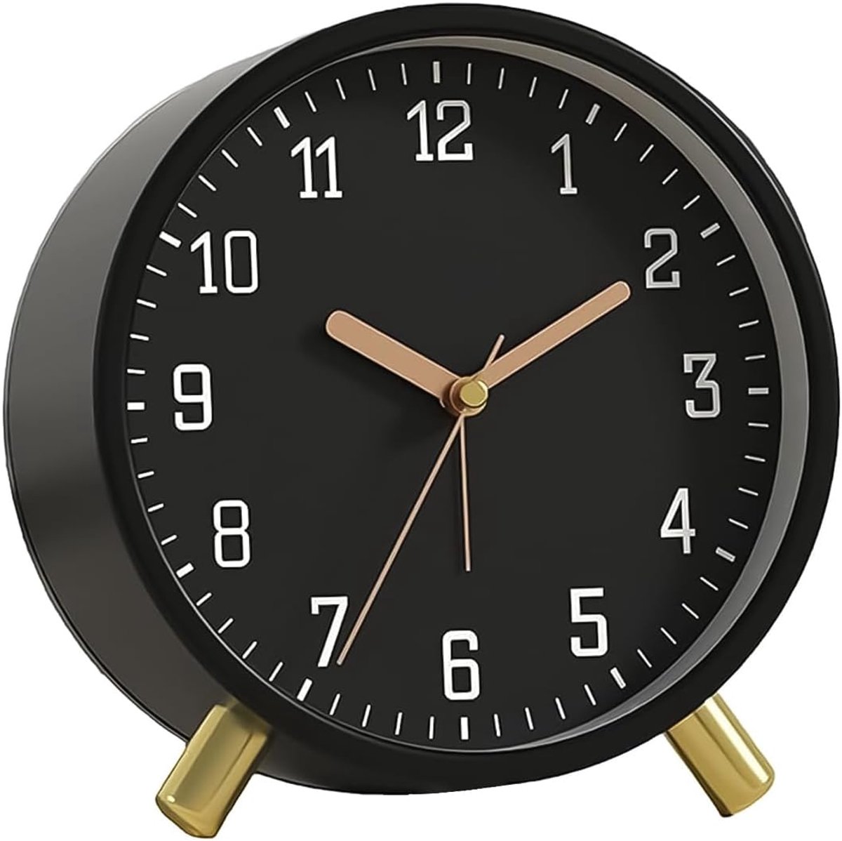 SnelShoppen - Stille Analoge Alarmklok met Nachtlampje, Niet-Tikkende Batterij, Ronde Metalen Kwarts Desk Klok 10cm voor Slaapkamer, Zwart