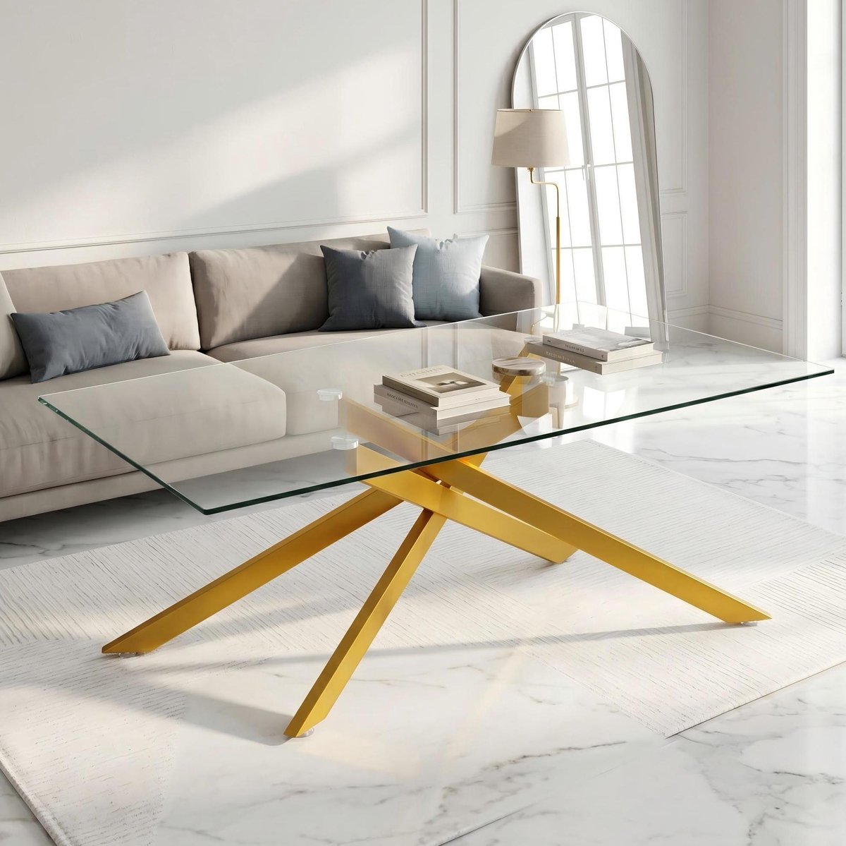 FloraGrace Salontafel Met Gehard Glazen Blad En Gouden Metalen Onderstel Voor Woonkamer 120x60x46 Cm