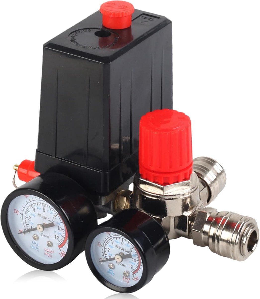 SnelShoppen - Drukschakelaar Compressor 220 V met Drukregelaar en 2 Drukmeters, Luchtcompressor Controleklep Regulator, Veiligheidsventiel en Koppelin
