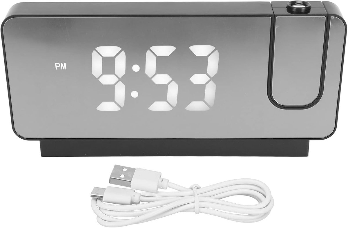 SnelShoppen - High Resolution LED Scherm Spiegel Wecker met Projectiefunctie, Tijd, Datum en Temperatuurweergave, Snooze Functie voor Slaapkamer, Zwar