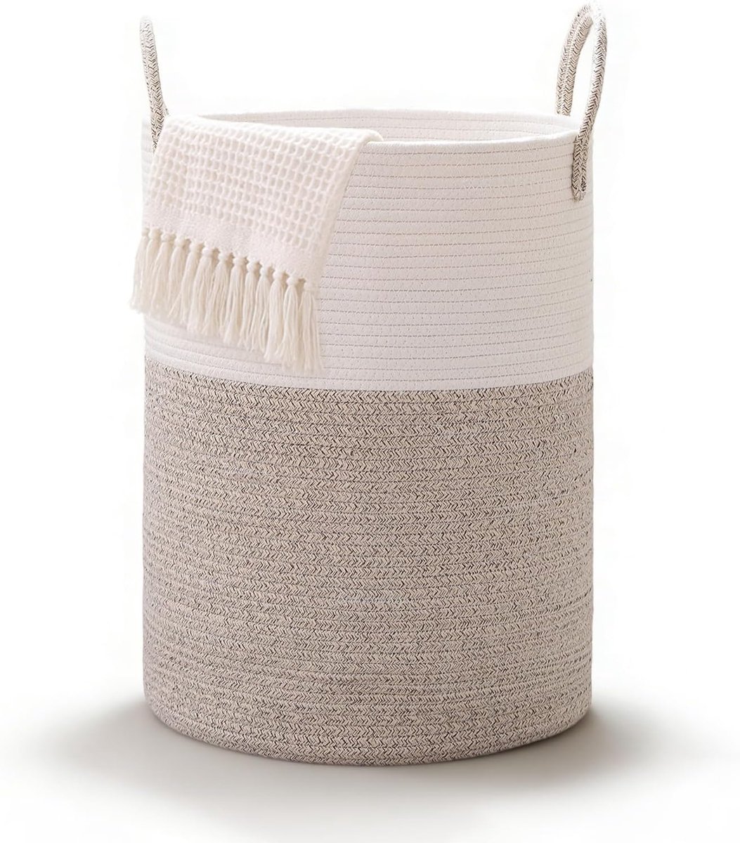 SnelShoppen - Ronde Wasmand met Handvat, Opbergmand, Gevlochten Mand, 38 x 50 cm, Witte-Bruine Wasverzamelaar met Katoenen Handvat, Voor Dekens en Spe
