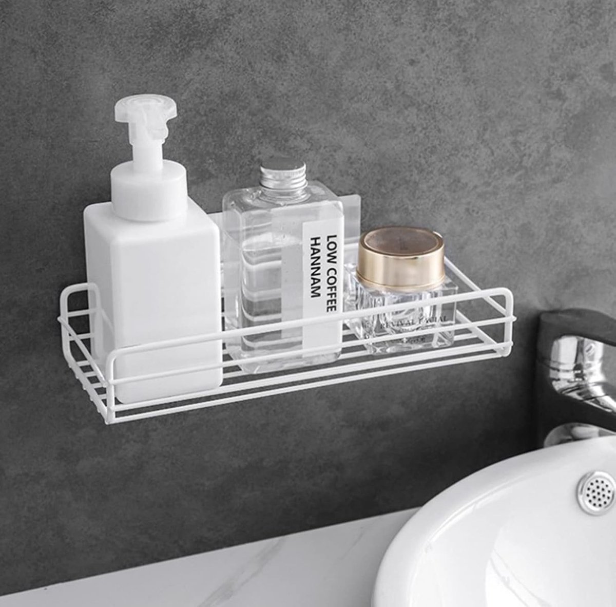 Zelfklevend Doucheplankje zonder Boren - Badkamer en Keuken Opbergmand voor Shampoo, Kruidenset en Keukenaccessoires (Wit)