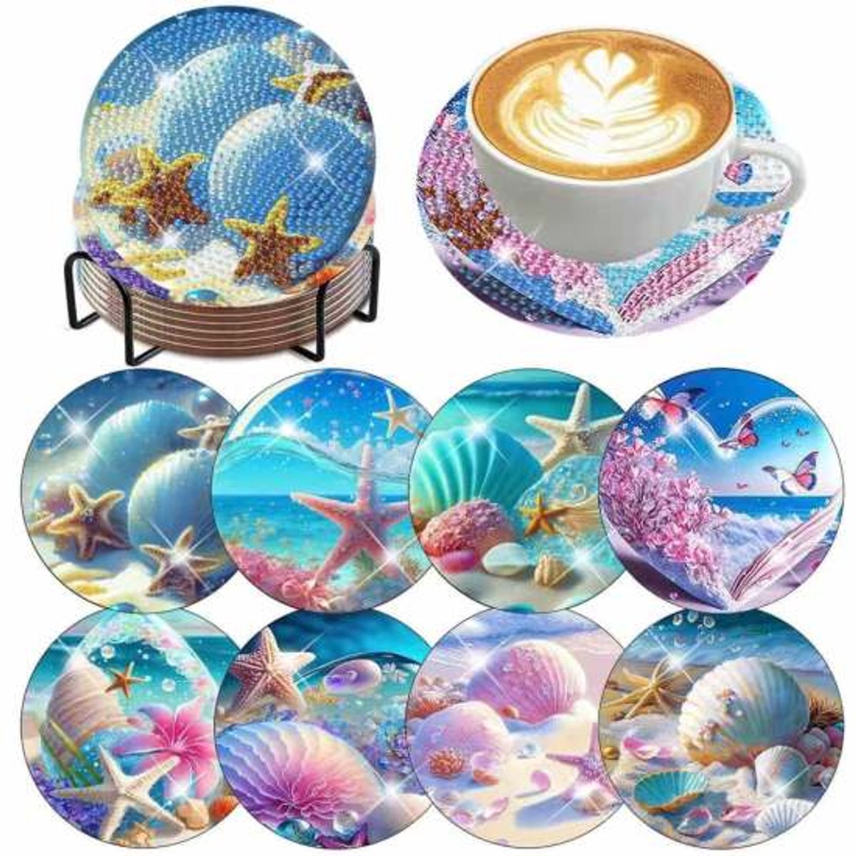 YYchan DIY Diamond Painting Onderzetters Set - 8 Stuks met Houder - Handgemaakt & Hittebestendig - Pakket Volwassenen en Kinderen - Zeester