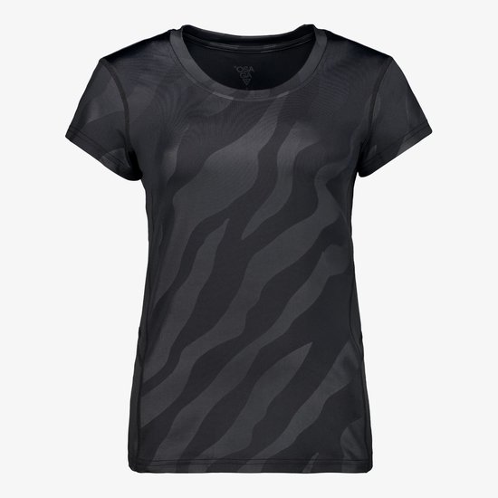 Zwart sport T-shirt met subtiele zebraprint, korte mouwen en ronde hals.