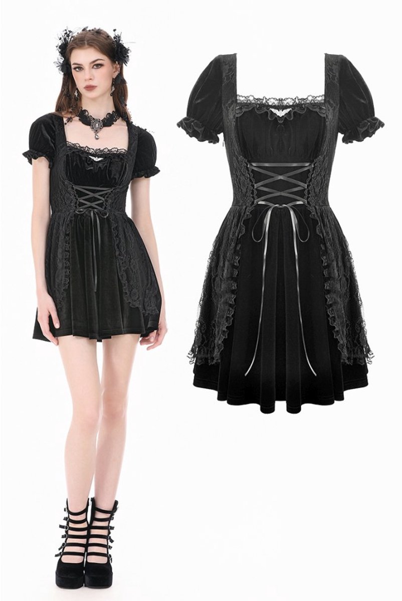 Dark in Love - Velvet Gown with Vintage Lace Patchwork, Bat Motif and Corset Laceup Detail Korte jurk - S - Zwart