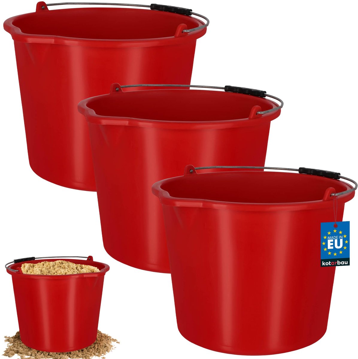 KOTARBAU® 3 Stuks - Bouwemme 16 L - Mortelemmer van Kunststof - Cementemmer - Emmer met Uitgiettuit en Handgreep - Emmer voor Bouwplaats - Rood