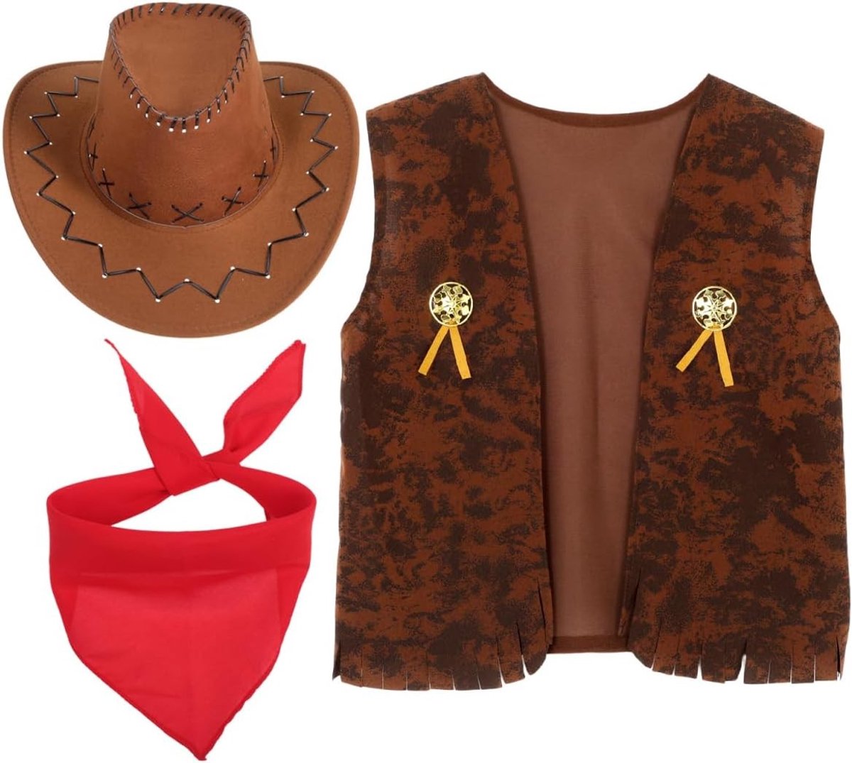 Western Kostuum voor Mannen met Franje Vest, Hoed en Sjaal voor Carnaval en Themafeesten, Denim Dansoutfit voor Volwassenen