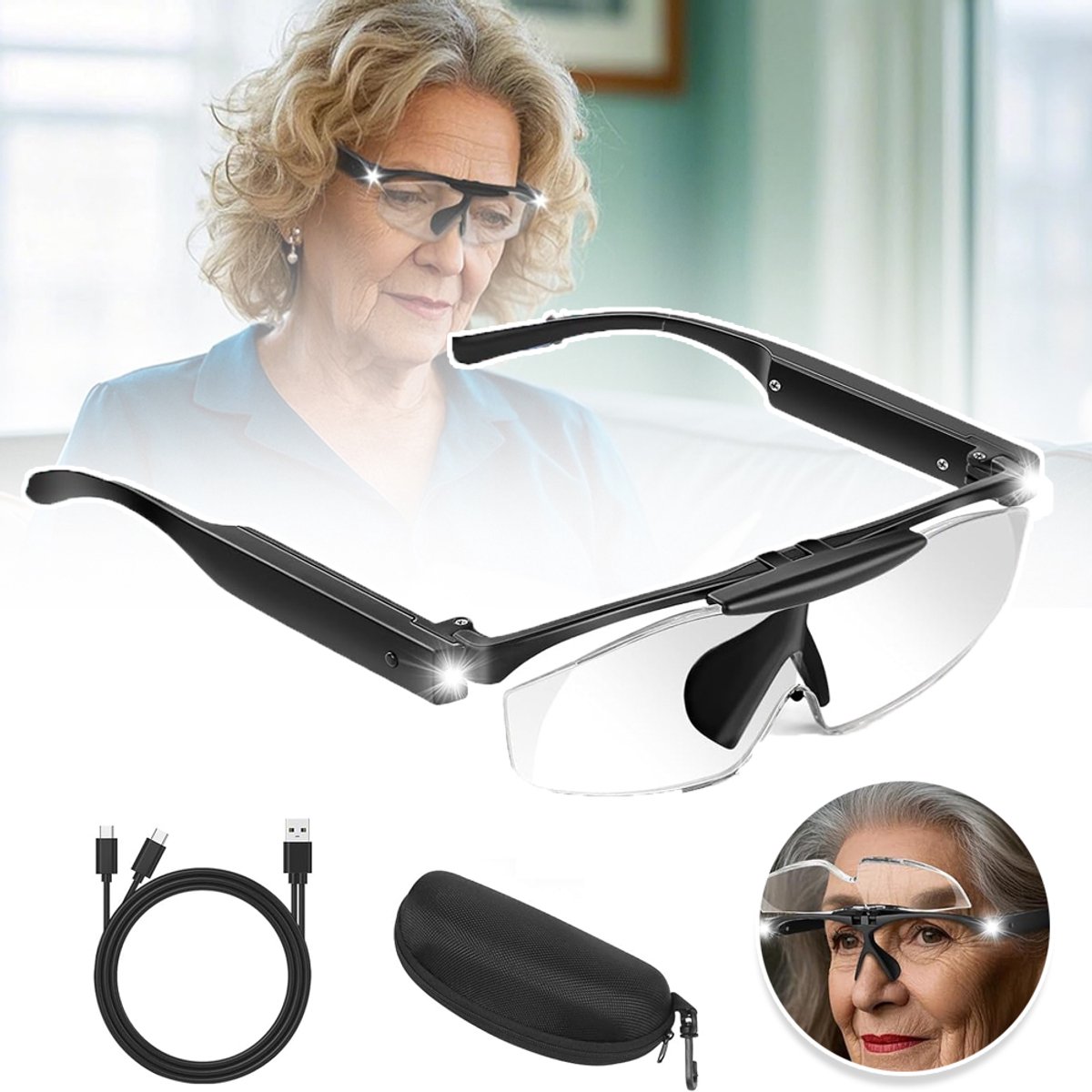 Vergrotingsbril Met 300% Vergroting LED-Verlichting En USB-Oplaadfunctie - Opklapbare Lens Lichtgewicht Handsfree - Perfect Voor Sieraden Hobby's En Precisiewerk