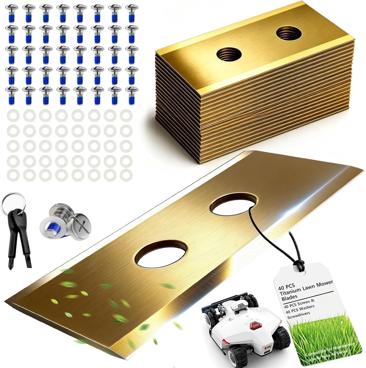40 stuks titanium reservemesjes voor robotmaaiers, duurzaam en scherp, inclusief schroeven en schroevendraaier, geschikt voor Luba en Yuka series