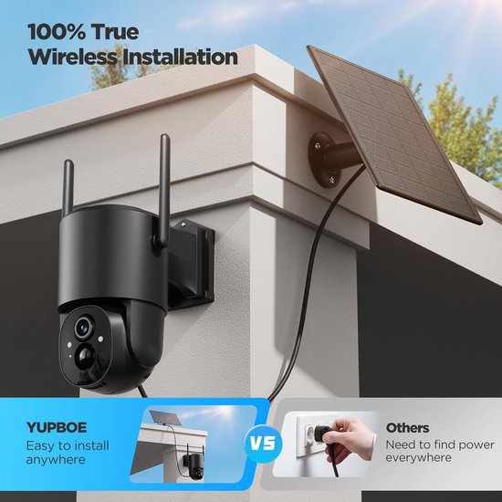 2K buitencamera met zonnepaneel en batterij: Draadloze buitencamera met wifi, 2.4G wifi-buitencamera op zonne-energie, zwart met kleurennachtzicht, PIR-bewegingsmelder en alarm. van Merkloos — afbeelding 3