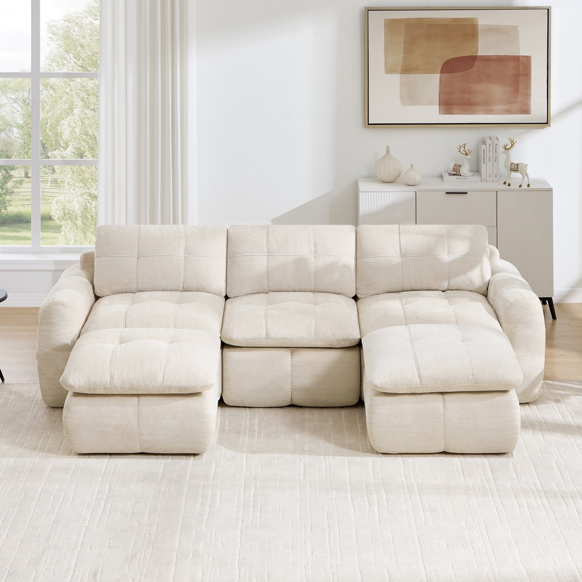 Intebiki 3-zits Hoekbank - Chenille stof - Modulaire L-vormige zitbank - Geen montage nodig - inclusief 2 poef - Beige