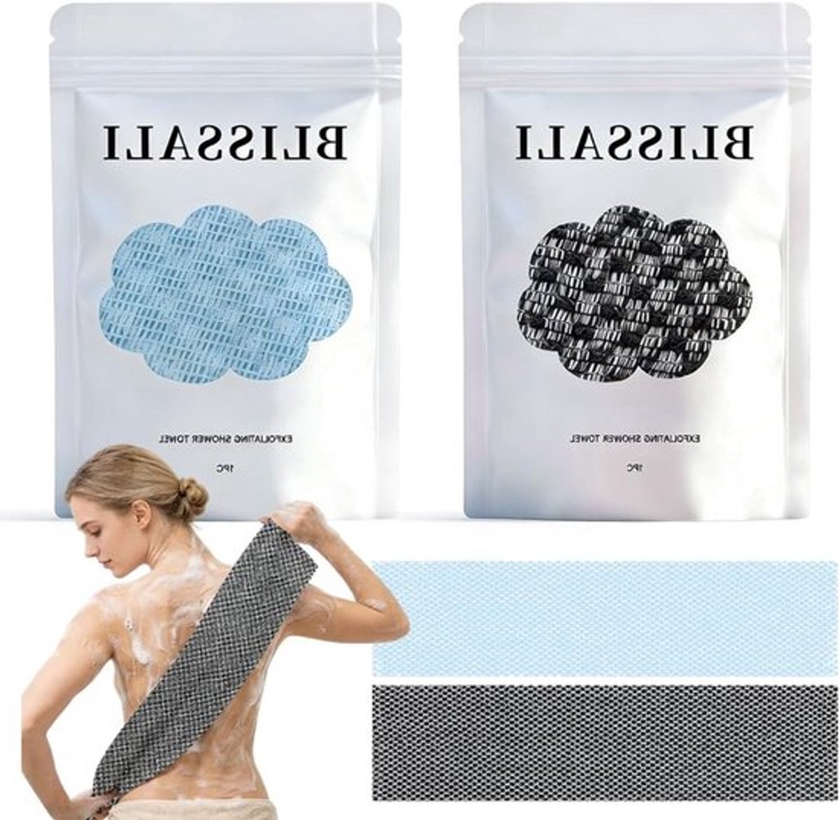 Antibacteriële scrubhanddoek set voor douche en bad, exfoliërende lichaamshanddoeken, 1,1 m, ideaal voor mannen en vrouwen, perfecte badaccessoires voor een zachte huid