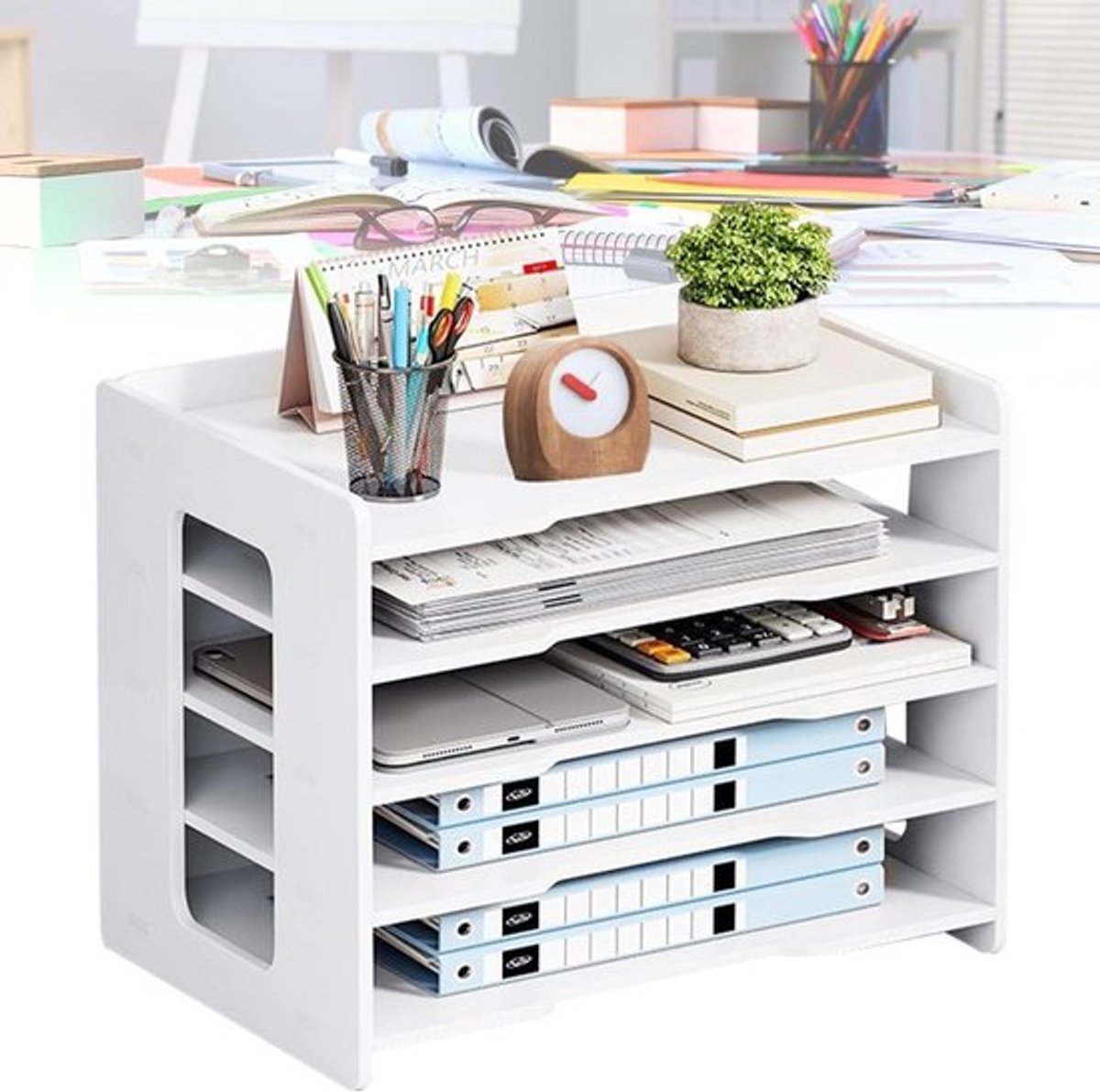 A4 Briefopbergers voor Bureau - Organiseer Papier, Pennen, Boeken en Documenten in Stijl (Wit, 5 Vakken)