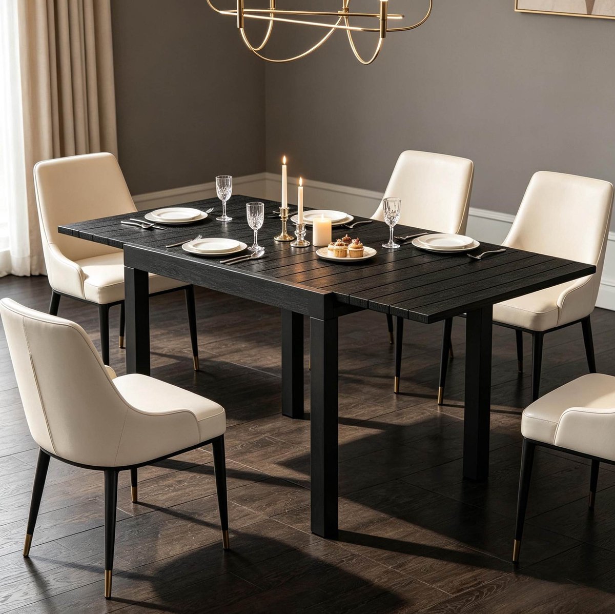 FloraGrace Eettafel - Uitschuifbare Aluminium Tafel Met Houtlook - Voor Woonkamer En Eetkamer - Zwart - 160x80x75 Cm