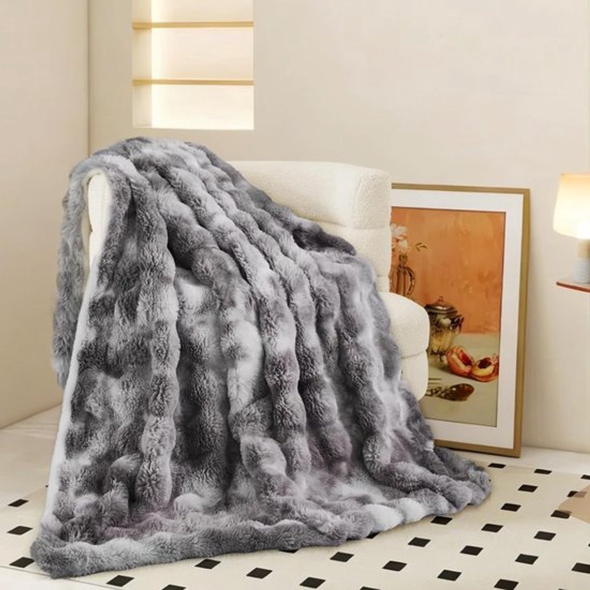 Zachte en Warme Dubbelzijdige Flanellen Deken met Konijnenbont, Ideaal voor Bed, Bank en Woonkamer, 1000 g/m², 100 x 160 cm