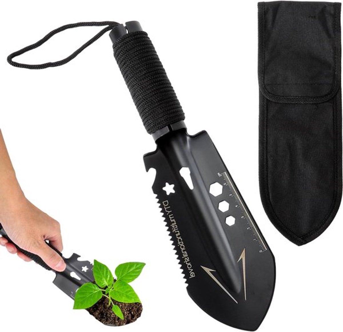 Multifunctionele Mini Camping Schep 7-in-1 met Paracord Handvat, Opvouwbaar Ontwerp, Flesopener en Zaag voor Survival, Wandelen en Kamperen