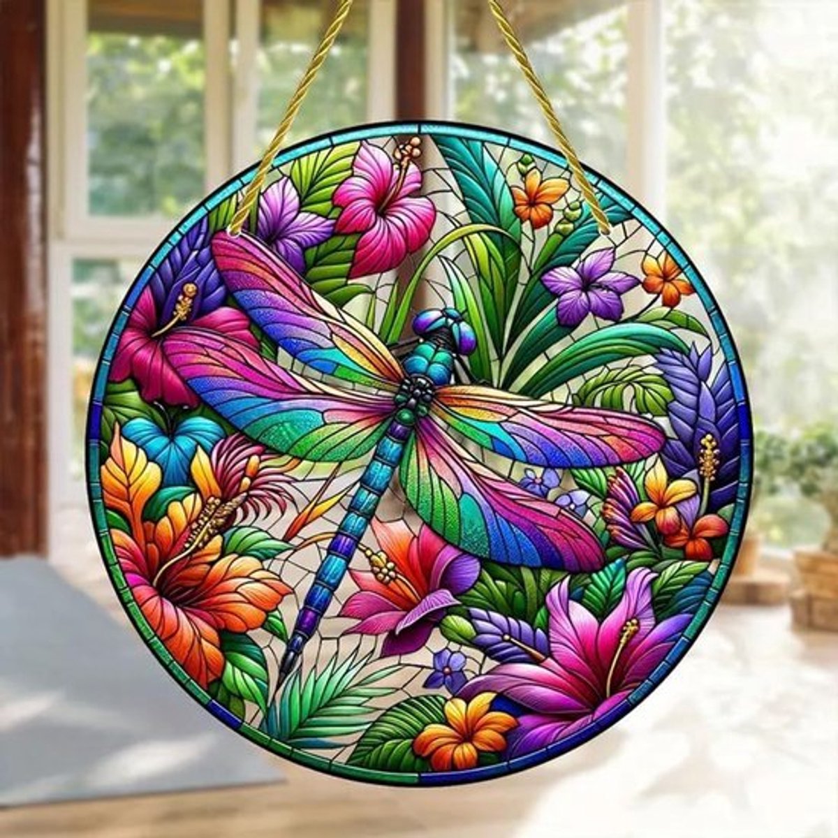 Bloemen Blad Suncatcher - Glas Zonnevanger - Gebrandschilderde Ramen - Muurdecoratie - Gebrandschilderd - Panel Zonnevanger - Verjaardagscadeau - Libelle - Opknoping - Geschikt voor Veranda