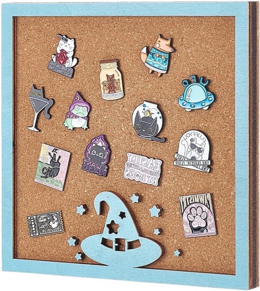 Korken Tray, Vierkante Broche Bord van Hout in Magische Hoed Vorm voor Wandmontage, Turquoise Pin Bord voor Broches, Kantoor Decoratie en Creatieve Opslag, 20.4 x 20.4 x 1.8 cm