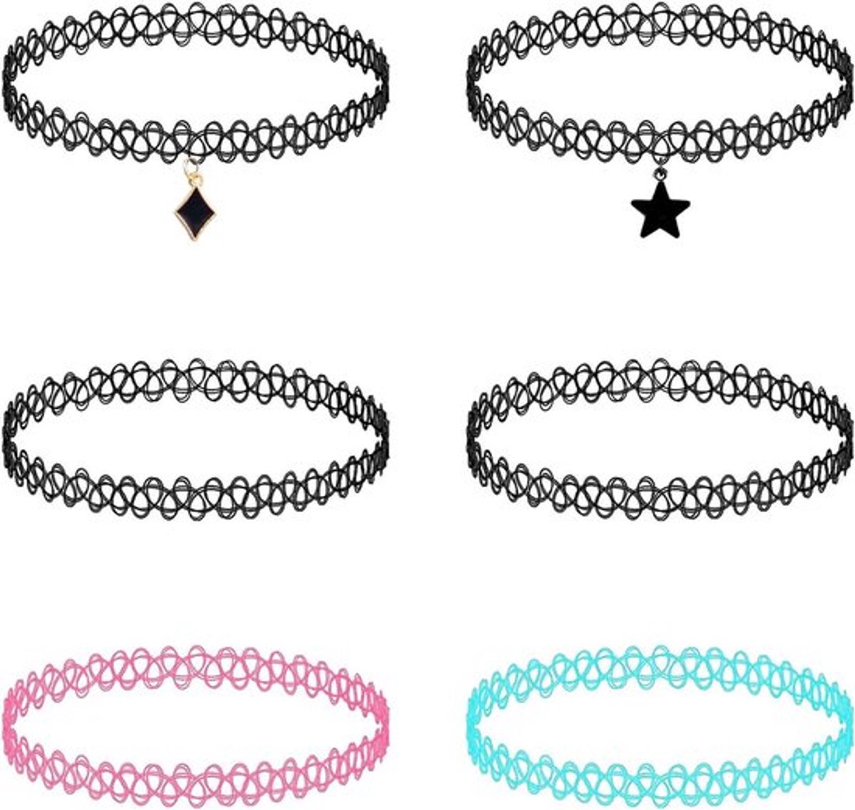 Set van 6 Tattoo Chokers - Elastische Rubber Halskettingen voor Gothic en Henna Stijl, Modieuze Accessoires voor Festivals en Feestjes