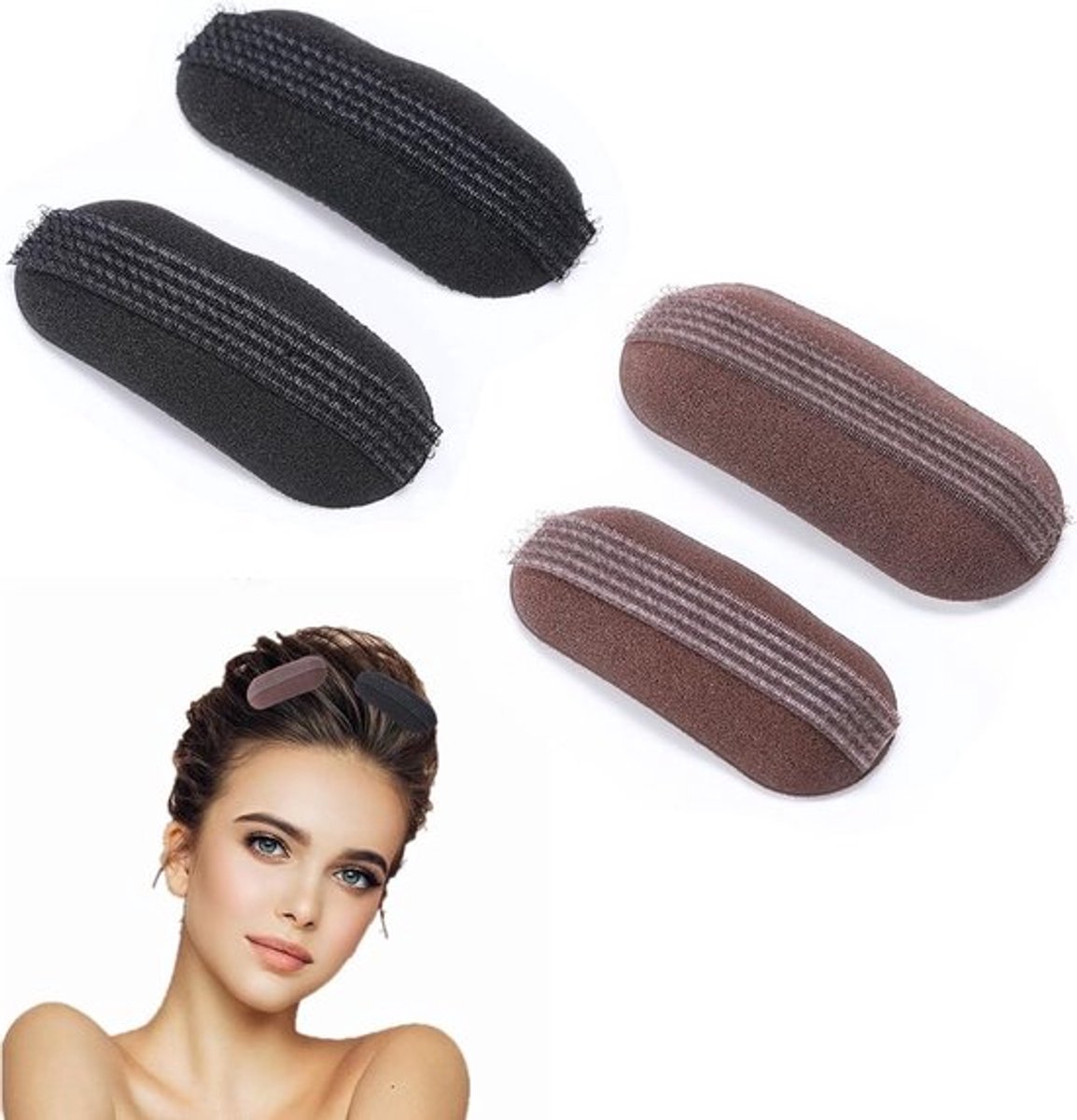 Set van 4 Onzichtbare Fluffy Haar Kussens - Perfect voor Haarstijl en Gezichtsvorm, Accessoires voor Vrouwen en Meisjes (Zwart & Bruin)