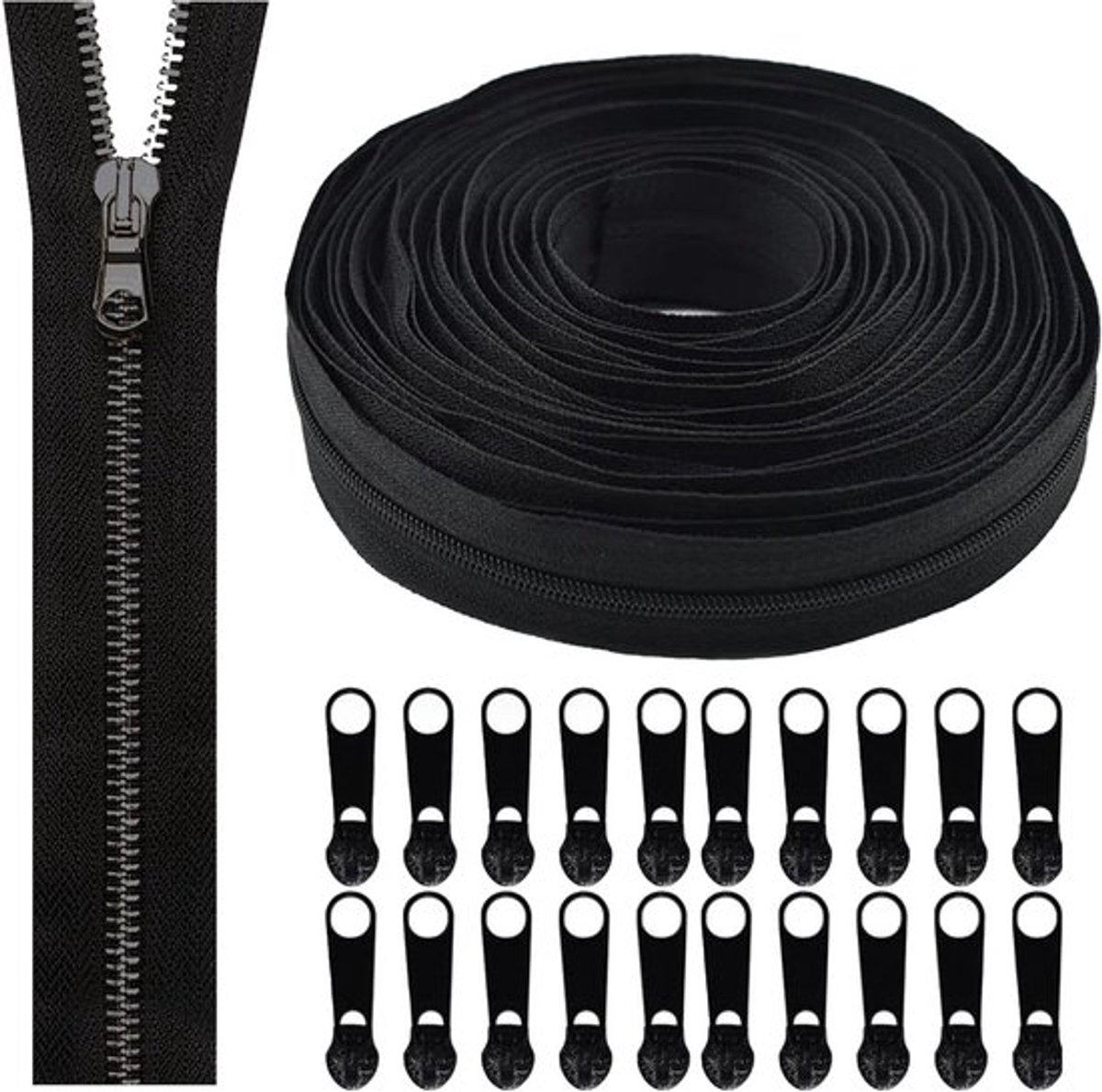 Set van 20 metalen sliders en 9,3 m separabele ritsen voor kleding, jassen en naaiprojecten, zwart