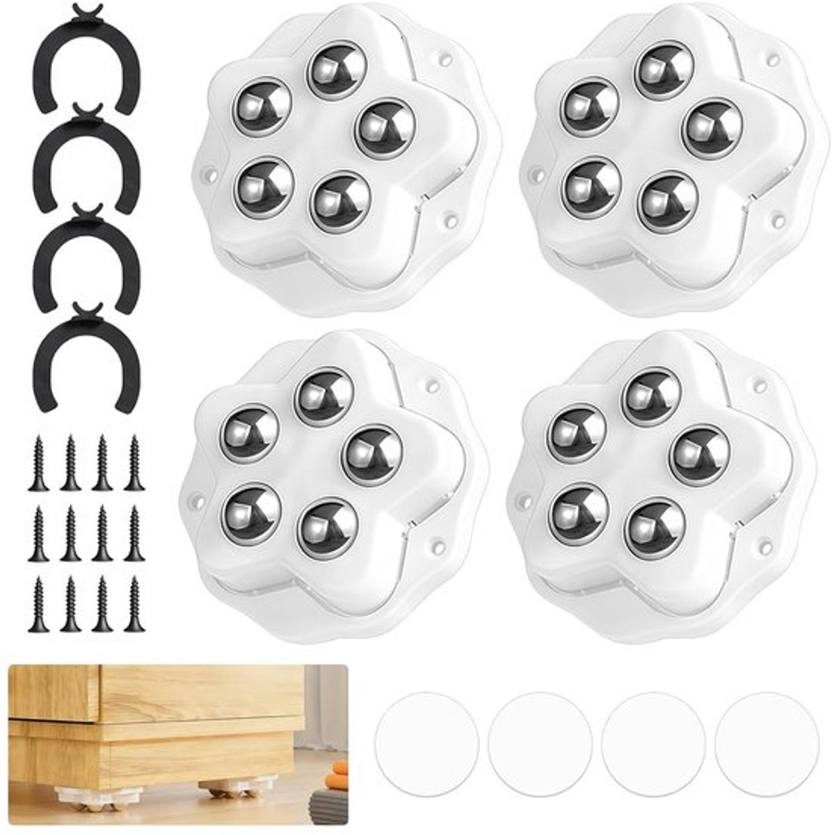 Zelfklevende Rollerwielen Set van 4, 360 Graden Draaibare Zwenkwielen voor Meubels, Geschikt voor Zware Lasten tot 150kg, Ideaal voor Planken en Meubelverplaatsing