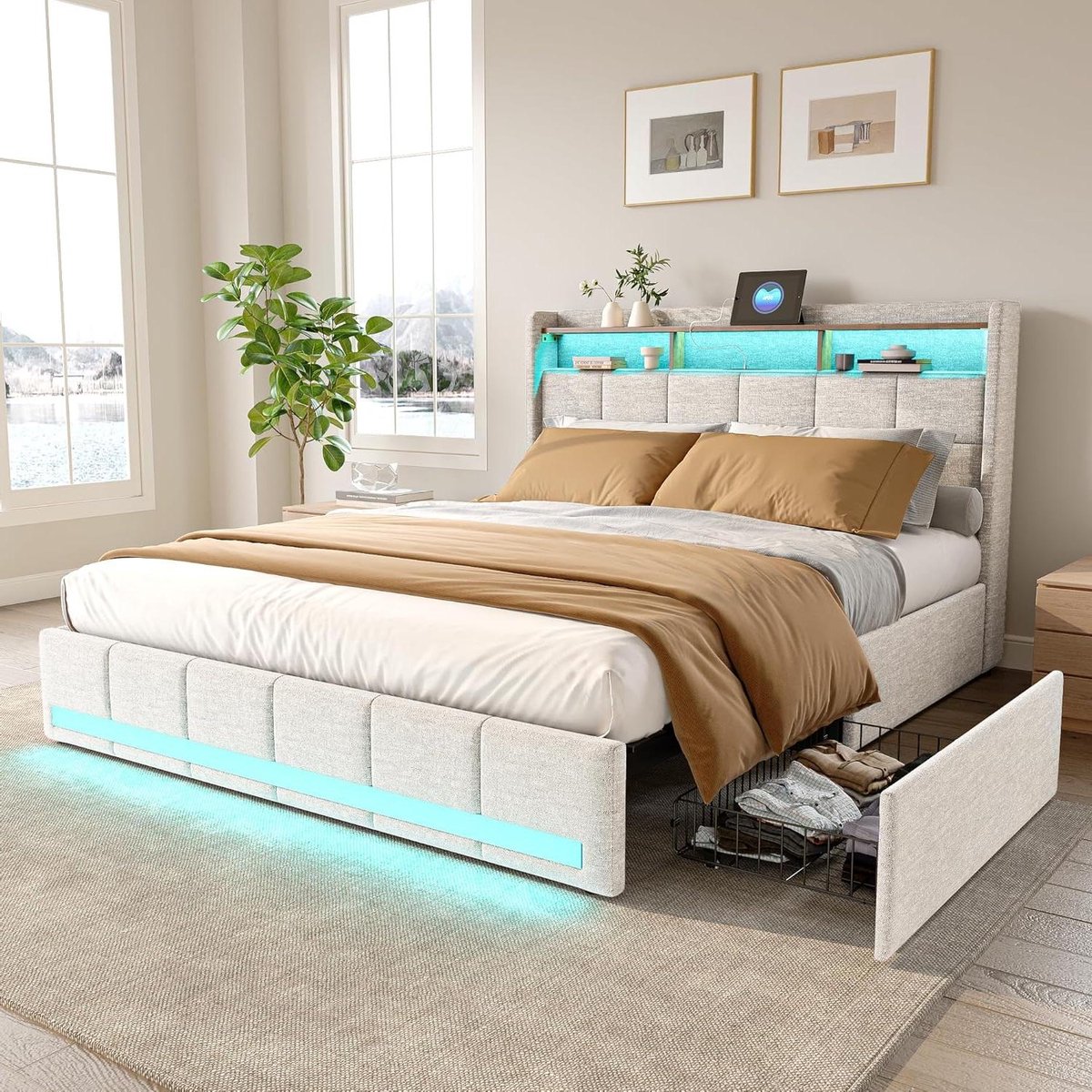 Bedframe met LED en USB - Tweepersoonsbed Modern Bed - Slaapkamer Organisatie - Met 4 metalen lades