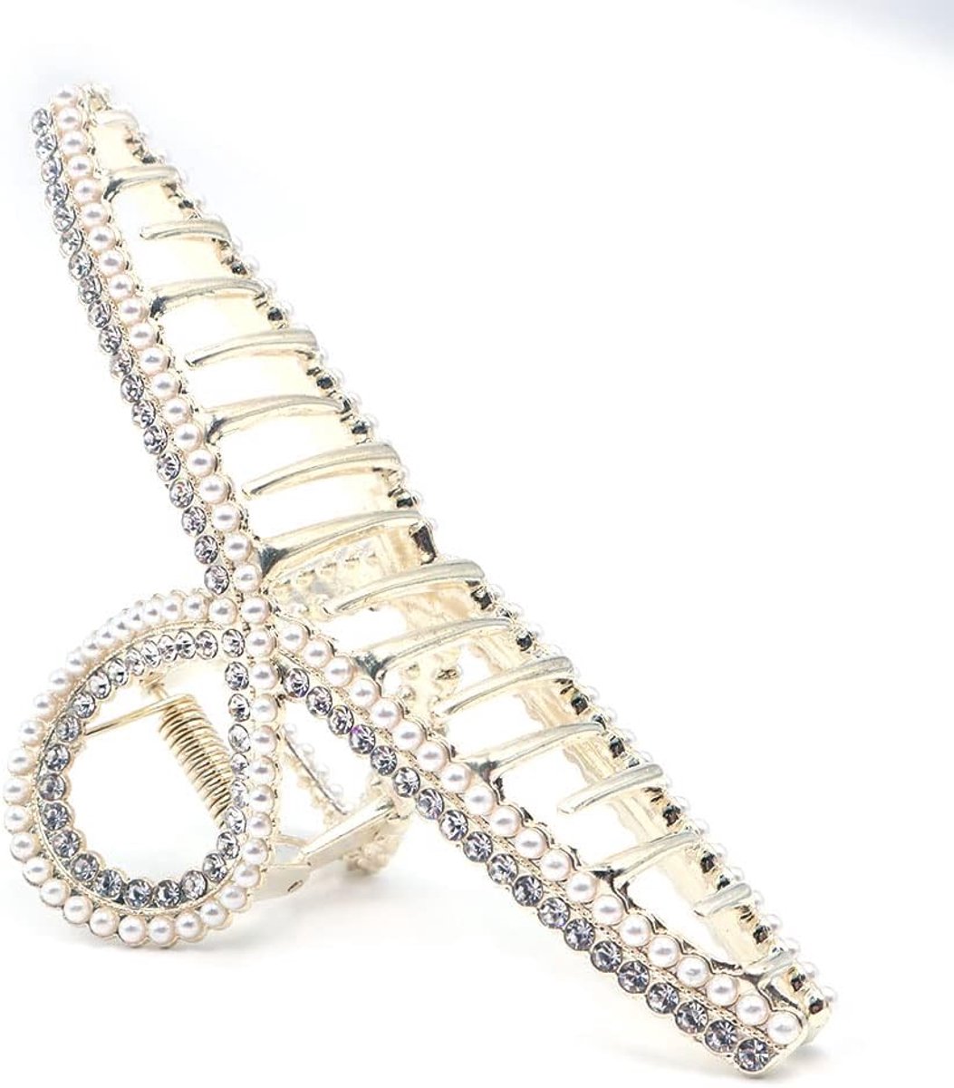 SnelShoppen - 2 stuks grote haarclips voor vrouwen, haarhandgrepen met metalen antislip klemmen, gouden parelsluitingen, sterke kaakaccessoires voor d
