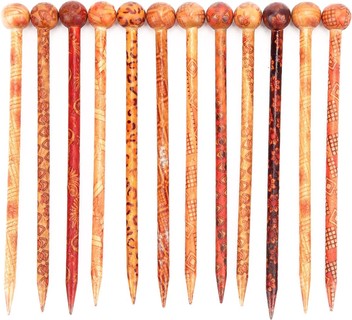 SnelShoppen - 12 Stuks Houten Haarstokken, Retro Geprinte Ronde Hoofd Haar Chopsticks, Folklore Stijl Elegante Temperamentvolle Lange Haaraccessoires