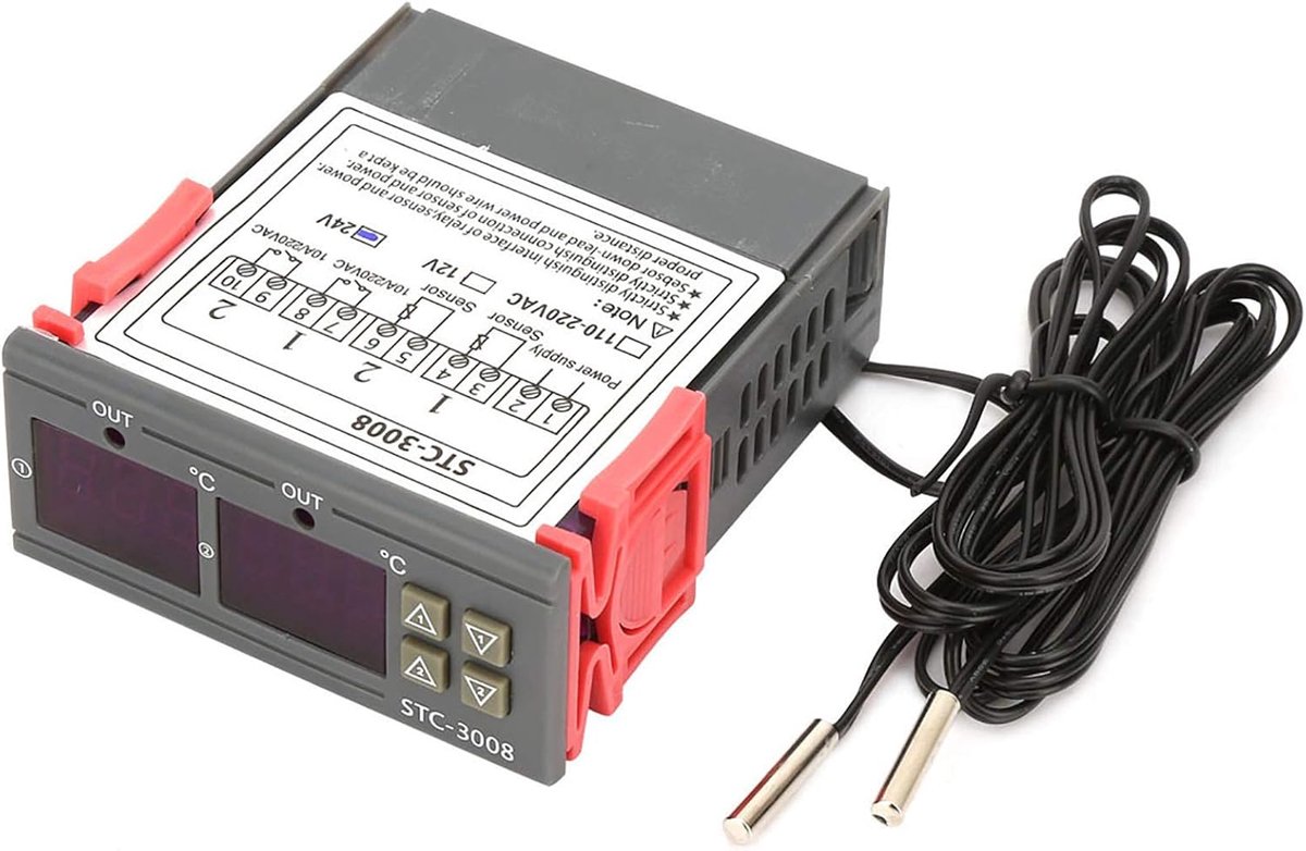 SnelShoppen - Digitale Thermostaat STC-3008, Dubbele Weergave, Dubbele NTC Temperatuursensor, Instelbare Thermostaatcontroller voor Boerderij, Koelkas