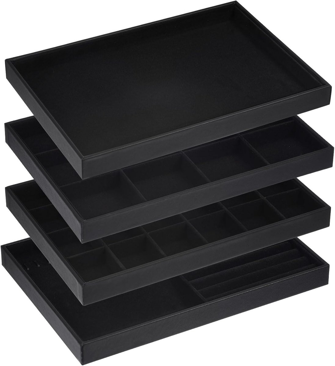 SnelShoppen - Sieraden Organizer Tray Set van 4 Stapelbaar met Deksel, Velvet Ring Opbergdoos, Oorbellen Houder, Zwart - Perfect voor Juwelen Organisa