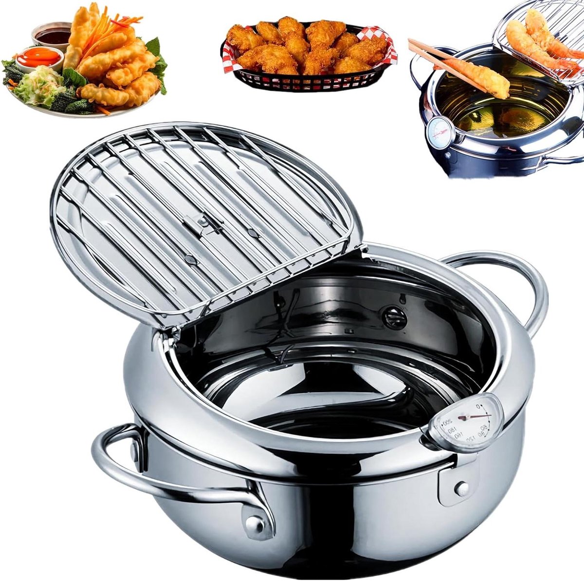 Japanse frituurpan - Kleine friteuse - Frietjes bakken - Inclusief thermometer - 42 liter - Roestvrij staal