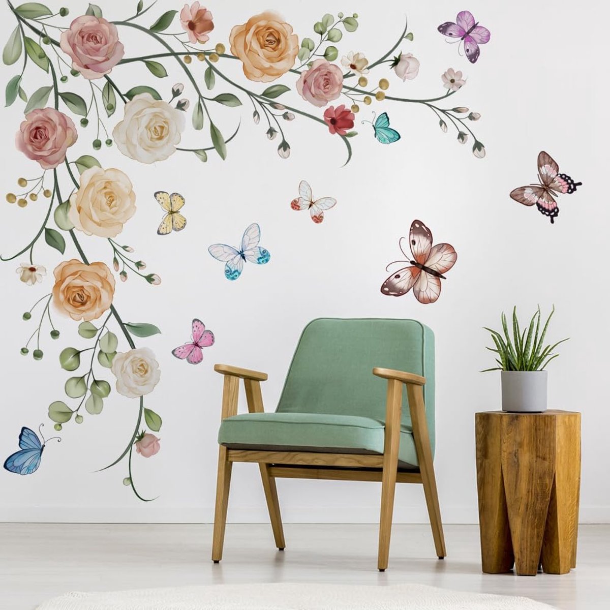 SnelShoppen - Hangende Bloem Klimop Wandstickers Rozenvlinders voor Meisjes Slaapkamer Woonkamer TV Achtergrond Thuisdecoratie