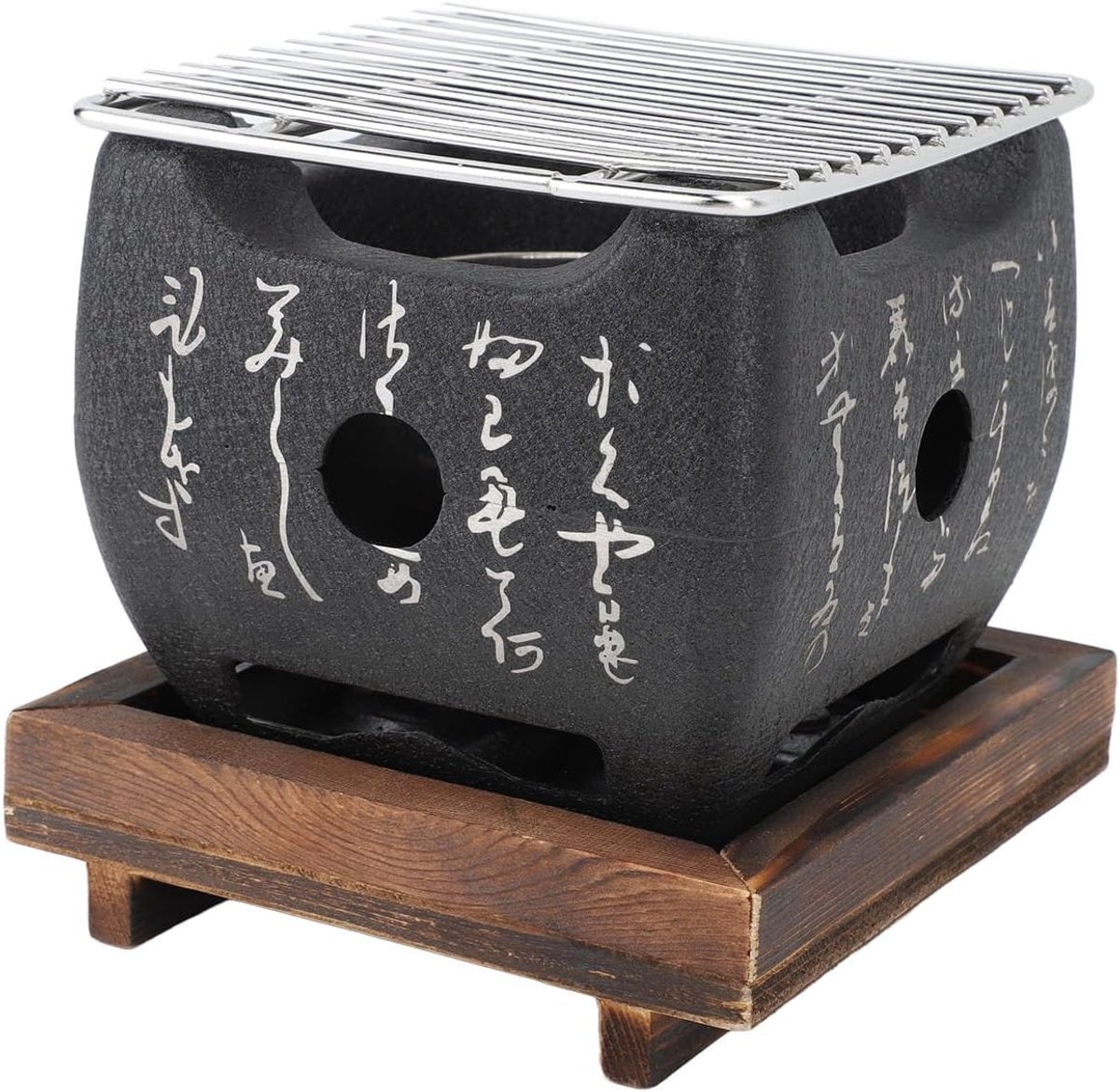 SnelShoppen - Japanse Mini Houtskool Tafel Grill met Grillplaat, Rookoven en Houten Basis, Draagbare BBQ voor Picknick Tuin Patio Kamperen (16.5x14.5c