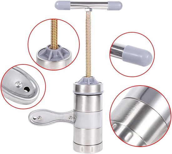 SnelShoppen - RVS Draagbare Handmatige Pasta Maker - Noodle Juicer Machine - Ideaal voor Keuken en Restaurant - 5 Vervangbare Vormen - Roestvrij Staal van Snelshoppen — afbeelding 4