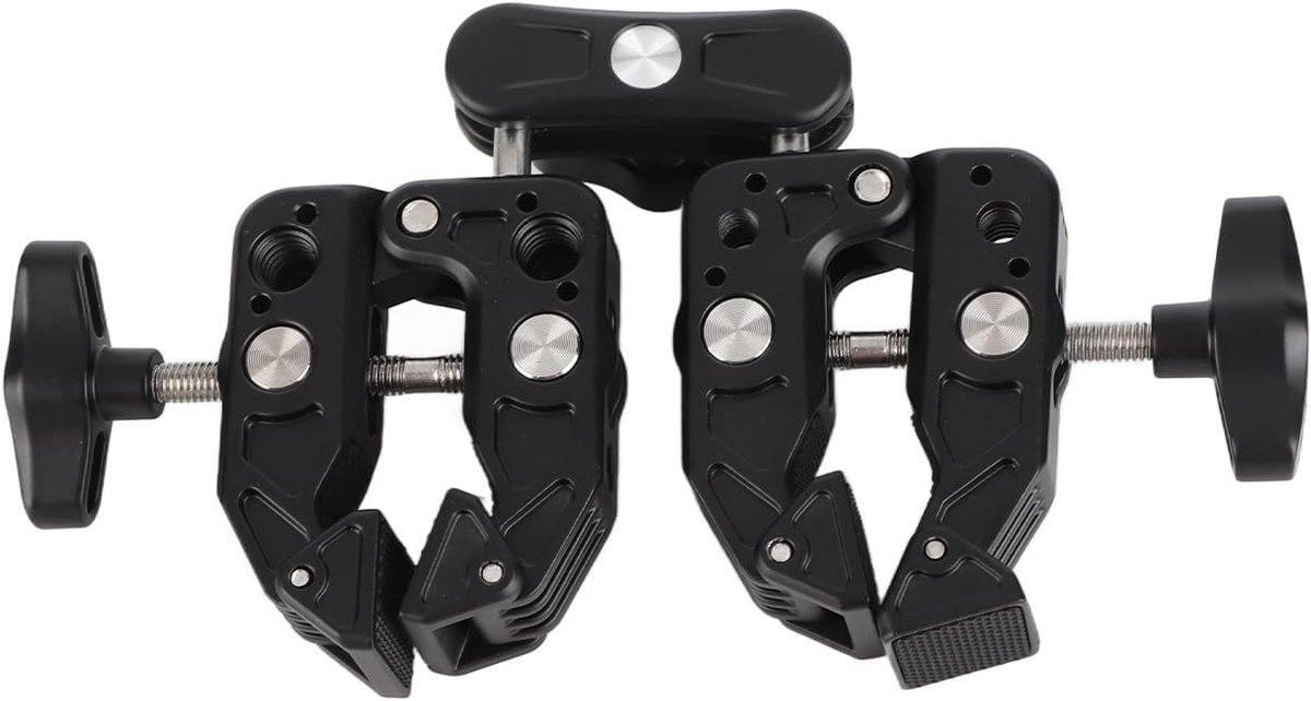 SnelShoppen - Dual Camera Clamp Dual Mount 360 Graden Super Clamp met Cold Shoe voor Fotografie Studio, Aluminium, Lichtgewicht, Duurzaam, Voor Verlic