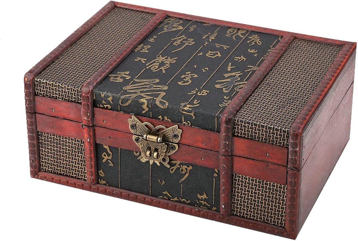 SnelShoppen - Vintage Houten Opbergdoos, Schatkist voor Sieraden, Sieraden Organizer, Decoratieve Schatkist 23 x 16 x 10 cm (Lotus met Slot)