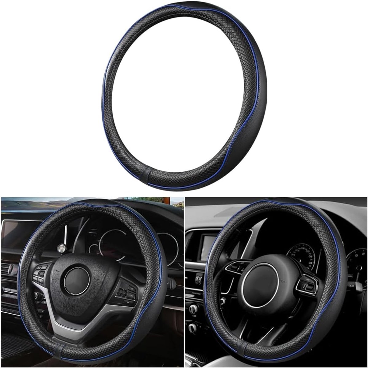 SnelShoppen - Luxe Lederen Stuurwielhoes voor Auto, 37-38cm, Antislip, Ademend, Duurzaam, Universele Bescherming voor Stuurwielen (Zwart & Blauw)