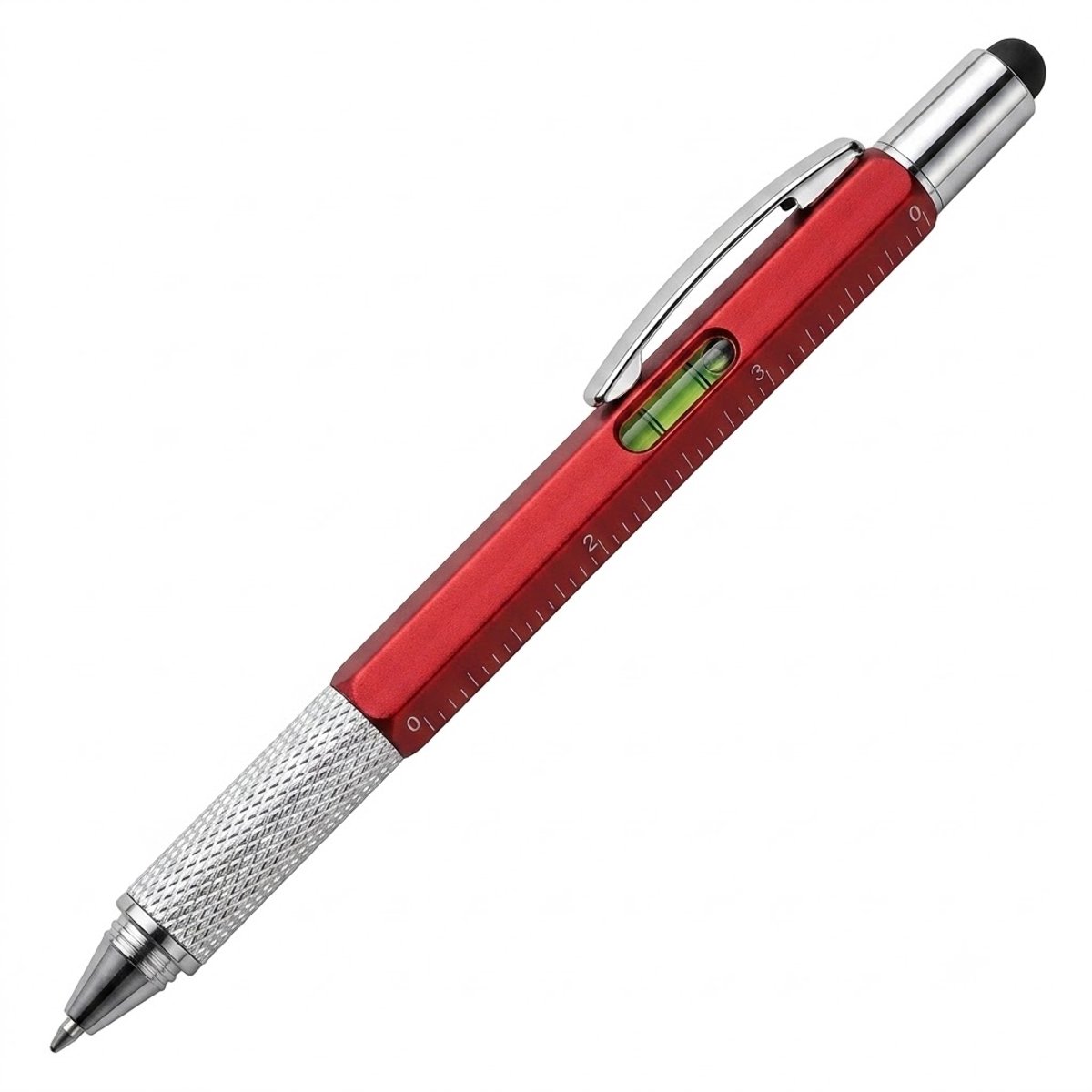 Rode multipen unisex 6-in-1 multifunctionele tool pen met balpen, touch screen stylus, schroevendraaier, waterpas, liniaal schaal en metalen grip voor kantoor, werkplaats, hobby en dagelijks gebruik