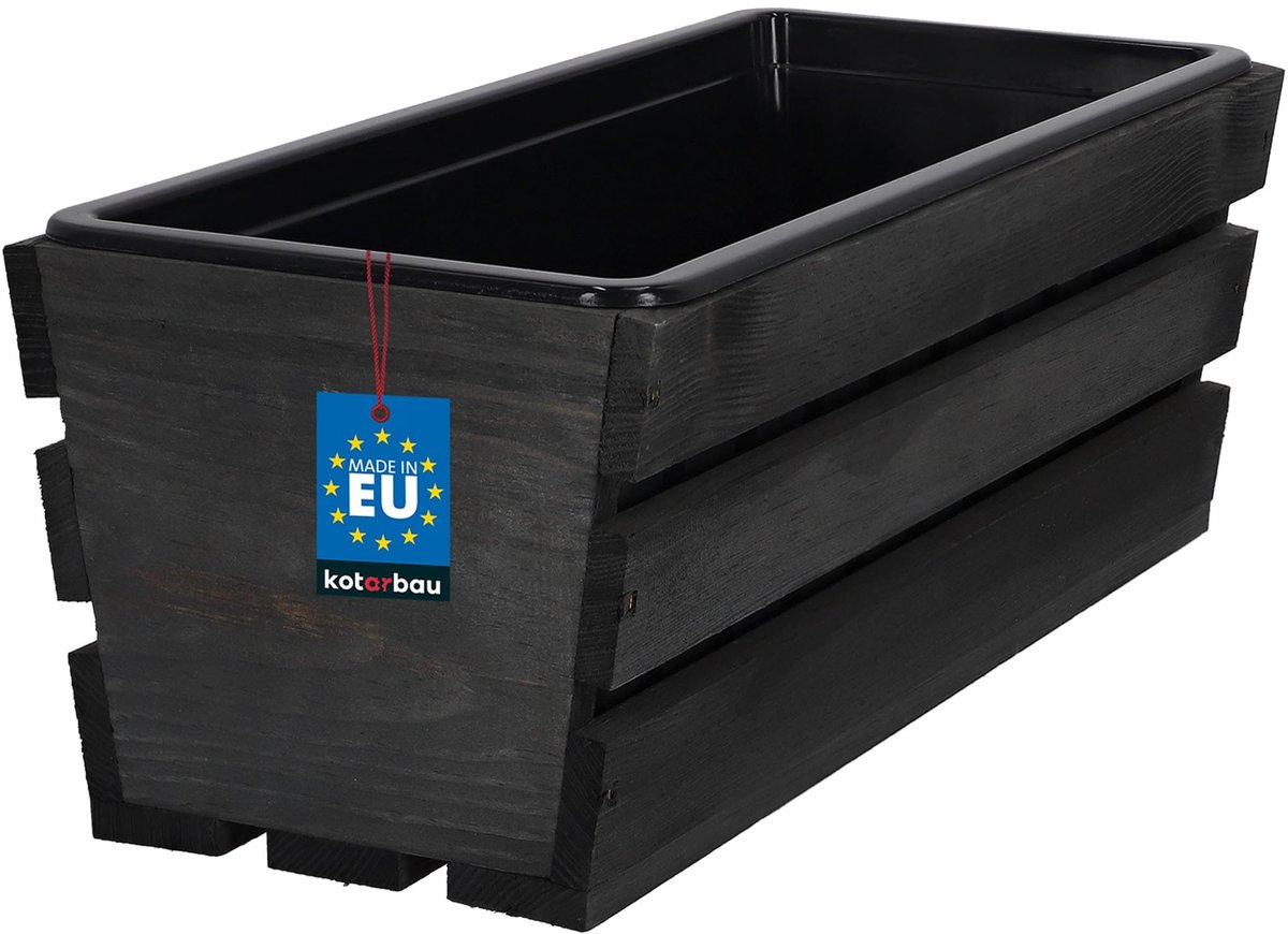 KOTARBAU® Houten Plantenbak - Bloembak Hout - met Kunststof Inzetstuk - Balkonbak - 40 x 18 x 15 cm - Antraciet - voor Terras - Balkon - Deko Planten