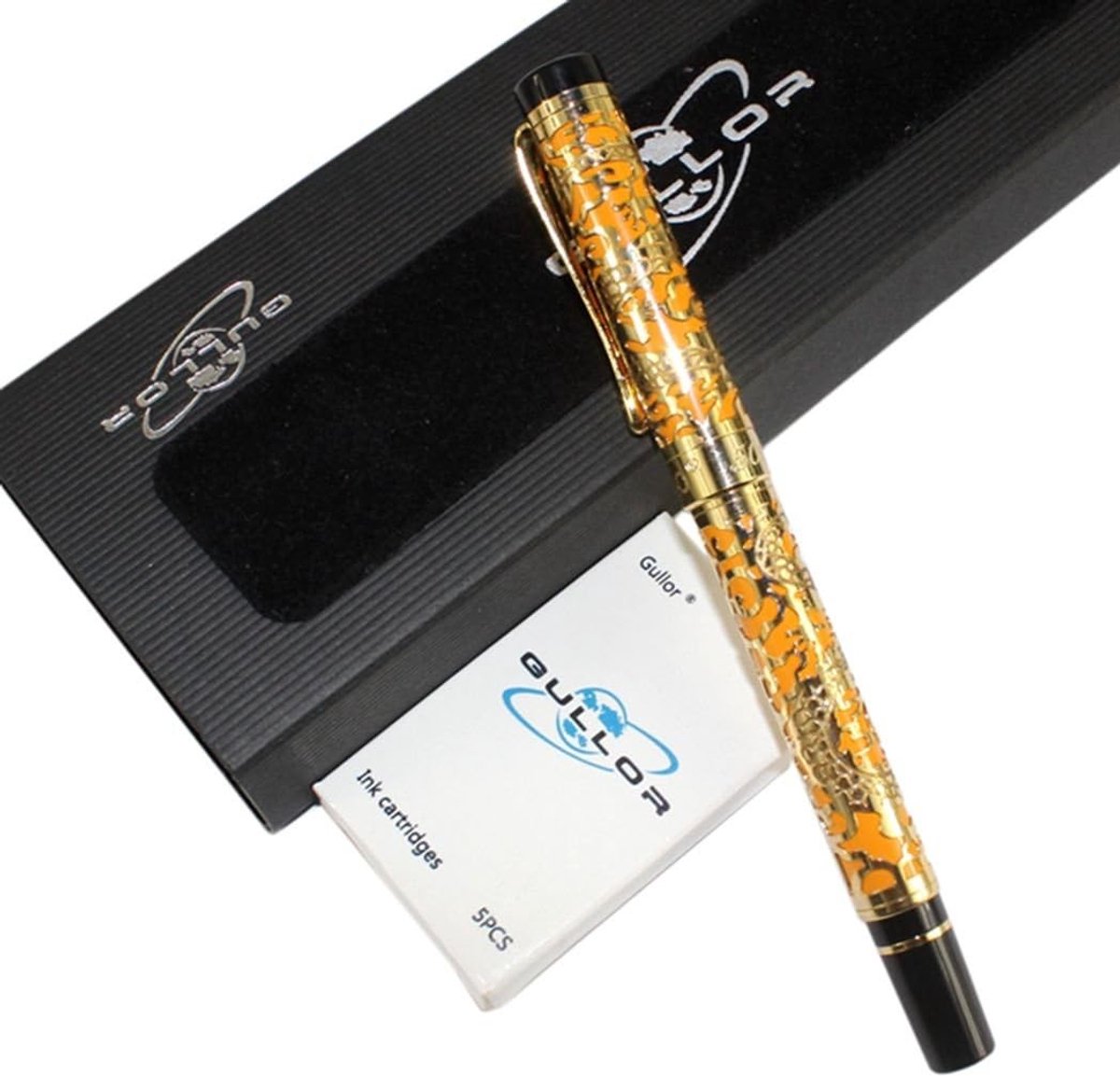 Geavanceerde vulpen in oranje en goud met drakenmotief, inclusief geschenkdoos en inktcartridges voor schrijfliefhebbers