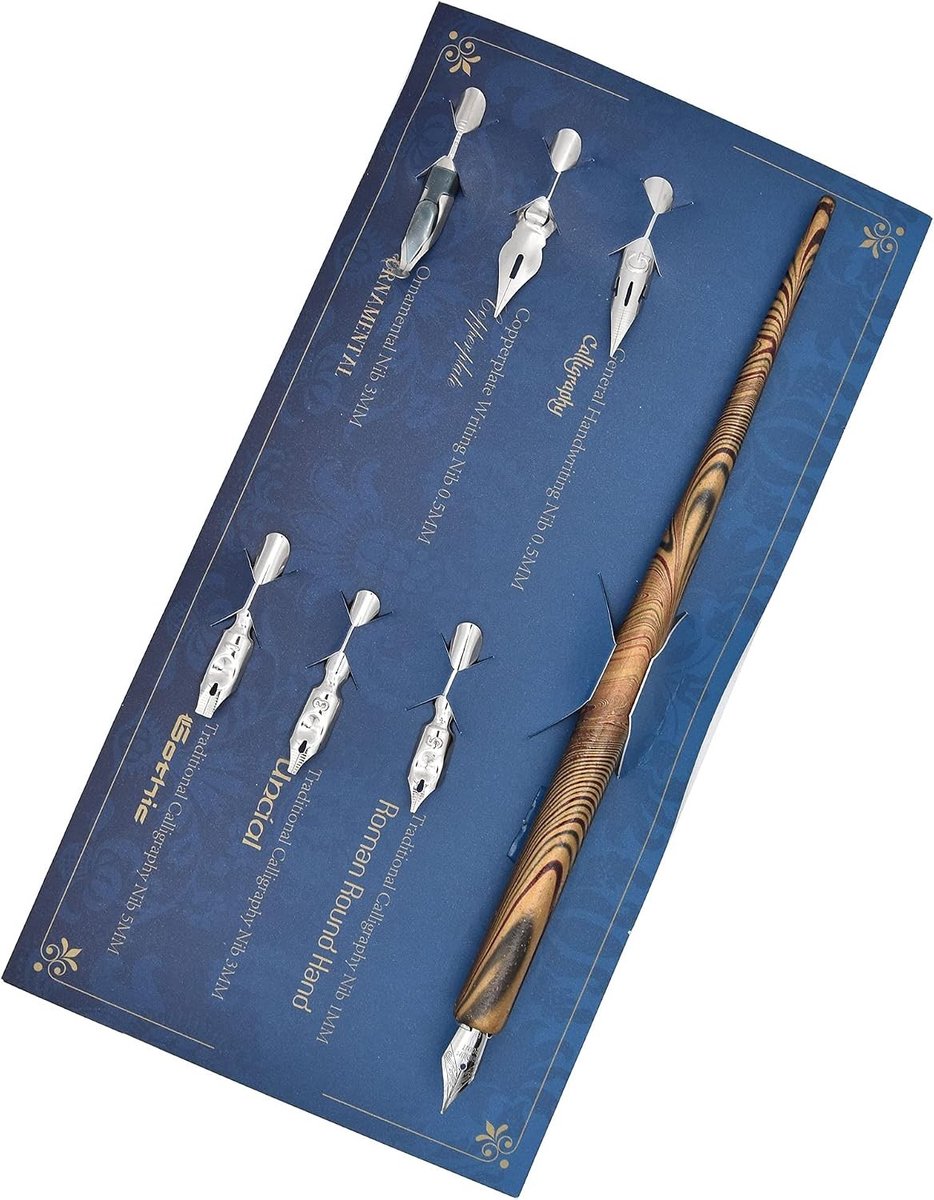 Houten Diptpen Calligraphy Set met Zwarte Inkt en 6 Nibs voor Beginners, Kinderen en Creatief Schrijven, Handlettering, en Tekenen
