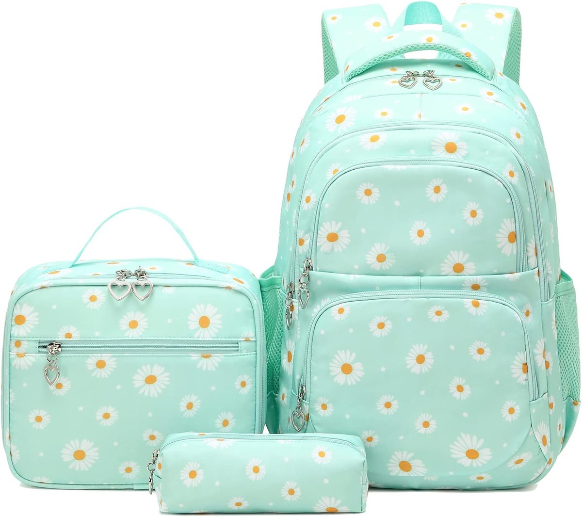 Rugzak Set - Madeliefjes Bedrukte Schoolrugzakset met Lunchtas en Etui - 3-delige Set - Waterbestendig - Voor Tieners, Meisjes en Jongens - Groen