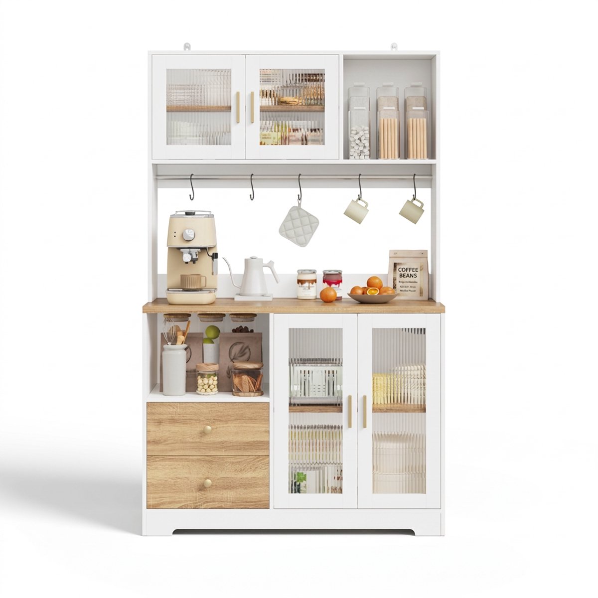 Keukenkast, Hoge Kast met LED, Keukenrek met Stopcontact, Vitrinekast met Glazen Deuren, Wijnrek, Wit met Houtlook, Keuken en Eetkamer