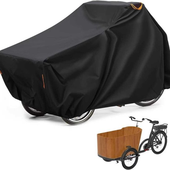 Zwarte fietsafdekking, met een houten bakfiets ernaast.