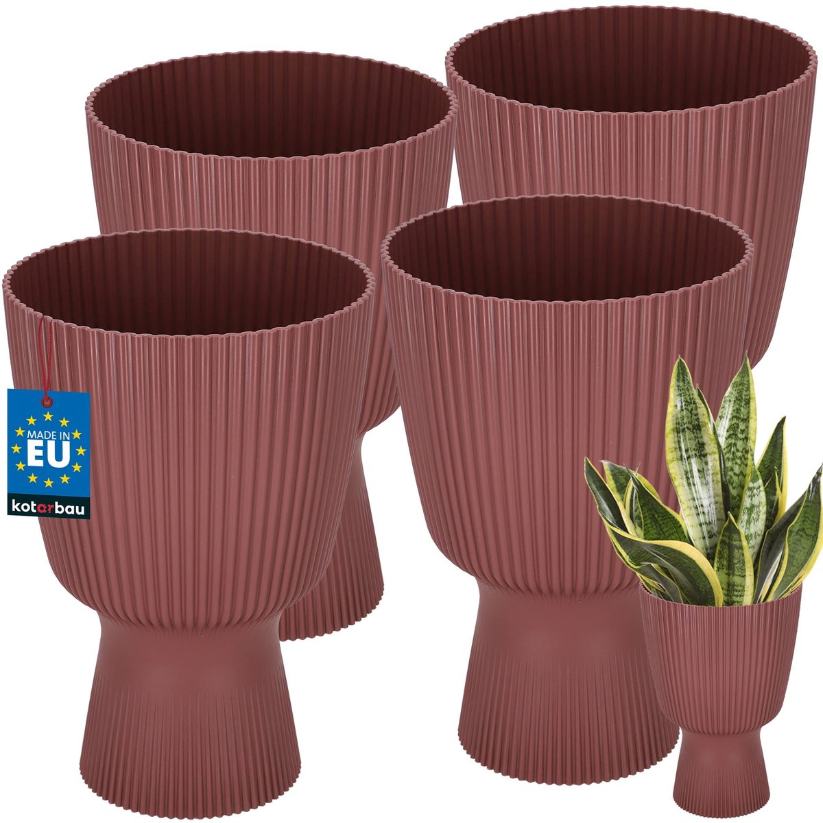 KOTARBAU® 4 Stuks - Bloempot - Plantenpot met Sokkel ⌀ 18 cm - PVC - Geribbelde Orchideeënpot - H: 27 cm - Marsala - Kelkvorm