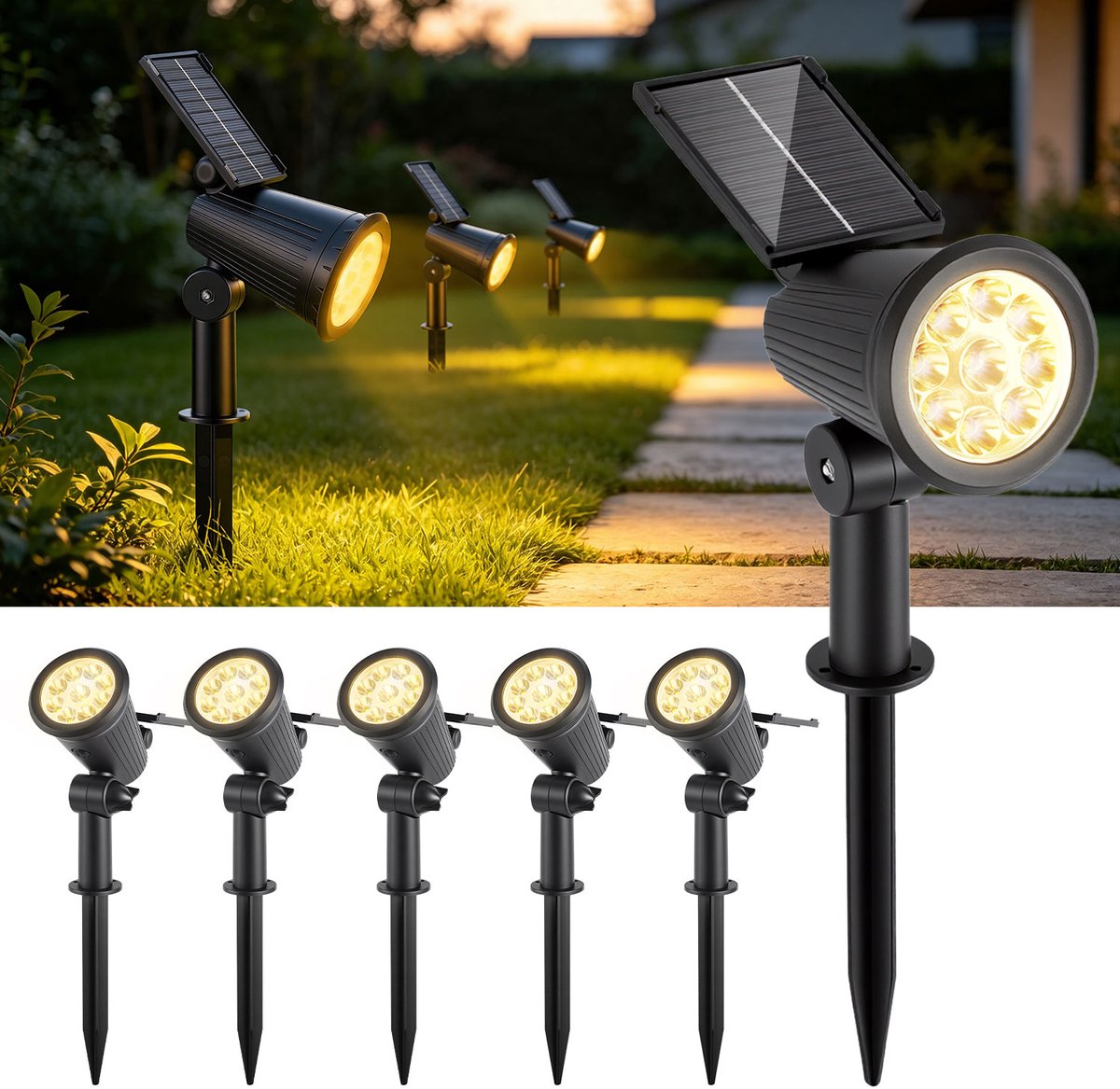 Solar Tuinspots Set van 6 – 9 LED Warm Wit – Verstelbare Buitenlampen met Grondspies - zonnespot voor buiten - waterdicht IP65 - 3W