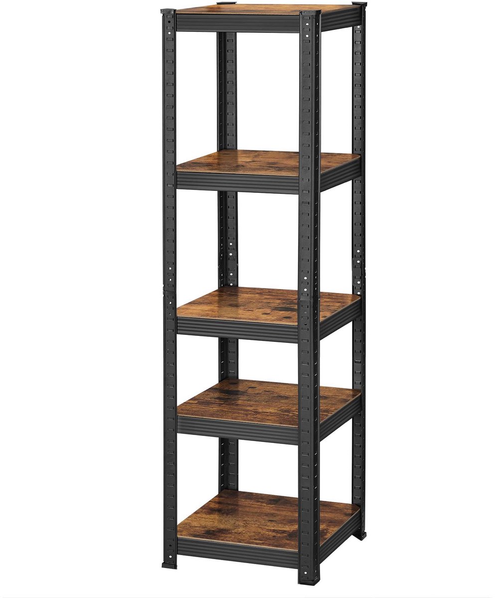 Opbergrek Plankenrek Displayrek 37x37x150cm Bruin + Zwart Met verstelbare planken Stalen frame verstevigd ontwerp Kan worden gesplitst in 2 onafhankelijke eenheden Eenvoudig te monteren en te reinigen Geschikt voor woonkamer, keuken en garage